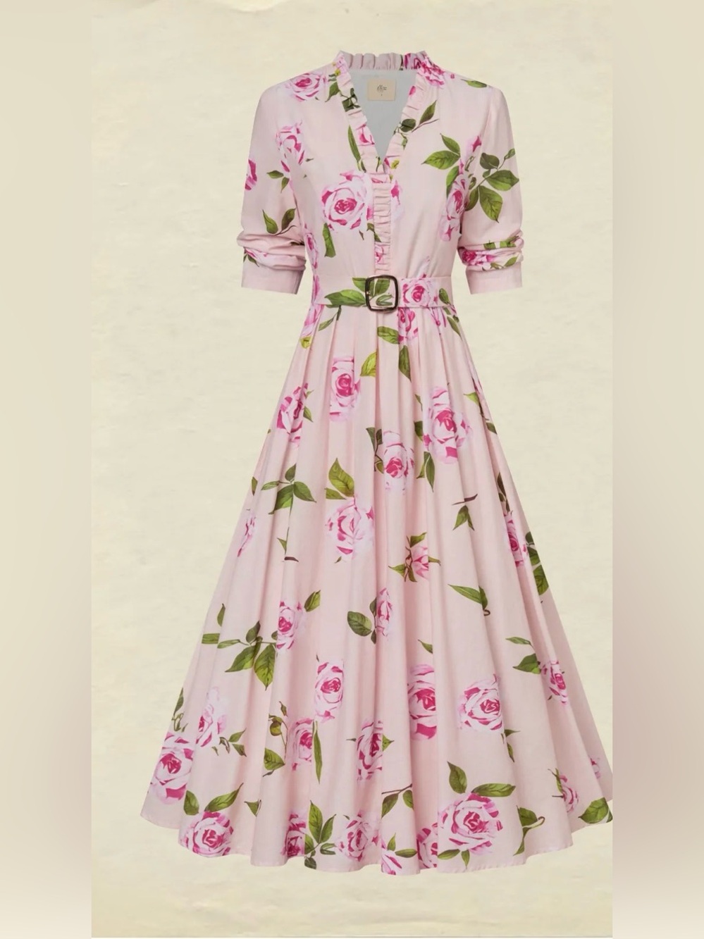Chillinen / Linen Vibes Pink Rose-Print Midi Dress with Belt # 183 - Picture 9 of 12